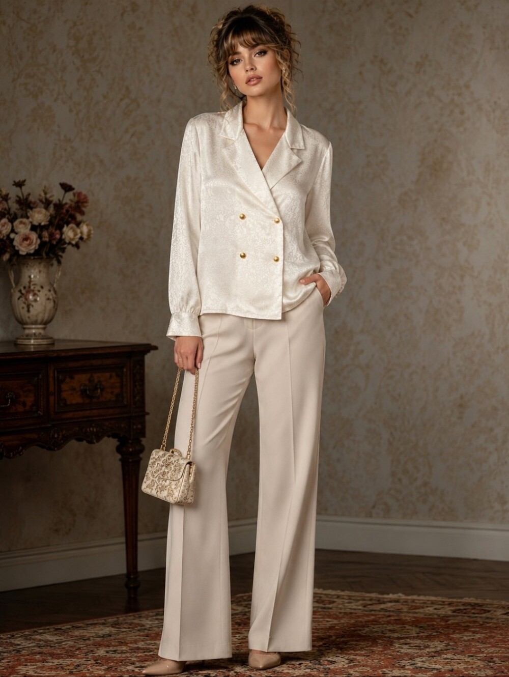 Sentiments Vintage Ivory Jacquard Blouse Gold-Tone Buttons Notched Lapels Size 8